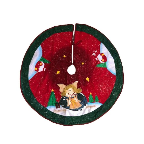 Angel Christmas Tree Skirt Felt Glitter Flocked Lined - Picture 1 of 4